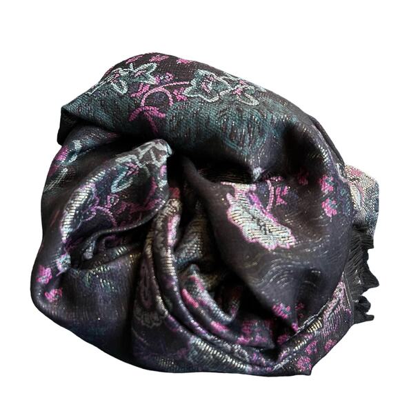 Vince Camuto Scarf Wrap Bright Black Floral Dark Gray Pink Blue NWT - Picture 2 of 9